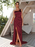 Sheath/Column Silk like Satin Ruched One-Shoulder Sleeveless Sweep/Brush Train Bridesmaid Dresses	Evening Dress