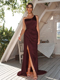 Sheath/Column Silk like Satin Ruched One-Shoulder Sleeveless Sweep/Brush Train Bridesmaid Dresses	Evening Dress