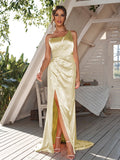 Sheath/Column Silk like Satin Ruched One-Shoulder Sleeveless Sweep/Brush Train Bridesmaid Dresses	Evening Dress