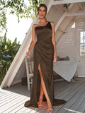 Sheath/Column Silk like Satin Ruched One-Shoulder Sleeveless Sweep/Brush Train Bridesmaid Dresses	Evening Dress
