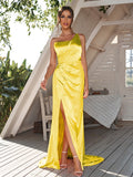 Sheath/Column Silk like Satin Ruched One-Shoulder Sleeveless Sweep/Brush Train Bridesmaid Dresses	Evening Dress