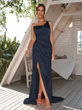 Sheath/Column Silk like Satin Ruched One-Shoulder Sleeveless Sweep/Brush Train Bridesmaid Dresses	Evening Dress