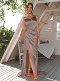 Sheath/Column Silk like Satin Ruched One-Shoulder Sleeveless Sweep/Brush Train Bridesmaid Dresses	Evening Dress