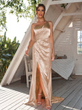 Sheath/Column Silk like Satin Ruched One-Shoulder Sleeveless Sweep/Brush Train Bridesmaid Dresses	Evening Dress