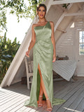 Sheath/Column Silk like Satin Ruched One-Shoulder Sleeveless Sweep/Brush Train Bridesmaid Dresses	Evening Dress