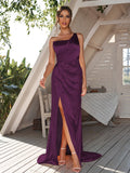 Sheath/Column Silk like Satin Ruched One-Shoulder Sleeveless Sweep/Brush Train Bridesmaid Dresses	Evening Dress