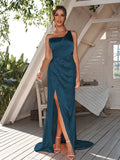 Sheath/Column Silk like Satin Ruched One-Shoulder Sleeveless Sweep/Brush Train Bridesmaid Dresses	Evening Dress