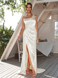 Sheath/Column Silk like Satin Ruched One-Shoulder Sleeveless Sweep/Brush Train Bridesmaid Dresses	Evening Dress