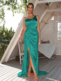 Sheath/Column Silk like Satin Ruched One-Shoulder Sleeveless Sweep/Brush Train Bridesmaid Dresses	Evening Dress