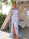 Sheath/Column Silk like Satin Ruched One-Shoulder Sleeveless Sweep/Brush Train Bridesmaid Dresses	Evening Dress