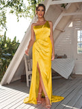 Sheath/Column Silk like Satin Ruched One-Shoulder Sleeveless Sweep/Brush Train Bridesmaid Dresses	Evening Dress