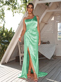Sheath/Column Silk like Satin Ruched One-Shoulder Sleeveless Sweep/Brush Train Bridesmaid Dresses	Evening Dress