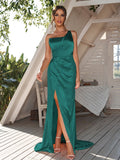 Sheath/Column Silk like Satin Ruched One-Shoulder Sleeveless Sweep/Brush Train Bridesmaid Dresses	Evening Dress