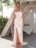 Sheath/Column Silk like Satin Ruched One-Shoulder Sleeveless Sweep/Brush Train Bridesmaid Dresses	Evening Dress