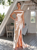 Sheath/Column Silk like Satin Ruched Off-The-Shoulder Sleeveless Sweep/Brush Train Bridesmaid Dresses Evening Dress