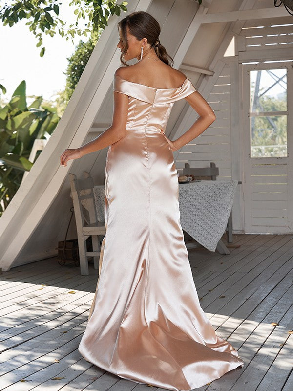 Sheath/Column Silk like Satin Ruched Off-The-Shoulder Sleeveless Sweep/Brush Train Bridesmaid Dresses Evening Dress