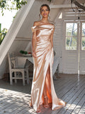 Sheath/Column Silk like Satin Ruched Off-The-Shoulder Sleeveless Sweep/Brush Train Bridesmaid Dresses Evening Dress