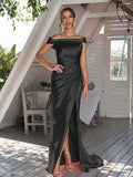 Sheath/Column Silk like Satin Ruched Off-The-Shoulder Sleeveless Sweep/Brush Train Bridesmaid Dresses Evening Dress