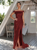 Sheath/Column Silk like Satin Ruched Off-The-Shoulder Sleeveless Sweep/Brush Train Bridesmaid Dresses Evening Dress