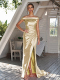 Sheath/Column Silk like Satin Ruched Off-The-Shoulder Sleeveless Sweep/Brush Train Bridesmaid Dresses Evening Dress