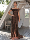 Sheath/Column Silk like Satin Ruched Off-The-Shoulder Sleeveless Sweep/Brush Train Bridesmaid Dresses Evening Dress