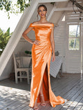 Sheath/Column Silk like Satin Ruched Off-The-Shoulder Sleeveless Sweep/Brush Train Bridesmaid Dresses Evening Dress