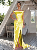 Sheath/Column Silk like Satin Ruched Off-The-Shoulder Sleeveless Sweep/Brush Train Bridesmaid Dresses Evening Dress