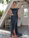Sheath/Column Silk like Satin Ruched Off-The-Shoulder Sleeveless Sweep/Brush Train Bridesmaid Dresses Evening Dress