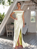 Sheath/Column Silk like Satin Ruched Off-The-Shoulder Sleeveless Sweep/Brush Train Bridesmaid Dresses Evening Dress