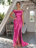 Sheath/Column Silk like Satin Ruched Off-The-Shoulder Sleeveless Sweep/Brush Train Bridesmaid Dresses Evening Dress