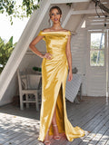 Sheath/Column Silk like Satin Ruched Off-The-Shoulder Sleeveless Sweep/Brush Train Bridesmaid Dresses Evening Dress