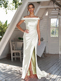Sheath/Column Silk like Satin Ruched Off-The-Shoulder Sleeveless Sweep/Brush Train Bridesmaid Dresses Evening Dress