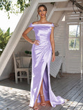 Sheath/Column Silk like Satin Ruched Off-The-Shoulder Sleeveless Sweep/Brush Train Bridesmaid Dresses Evening Dress