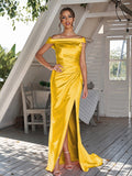 Sheath/Column Silk like Satin Ruched Off-The-Shoulder Sleeveless Sweep/Brush Train Bridesmaid Dresses Evening Dress