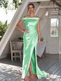 Sheath/Column Silk like Satin Ruched Off-The-Shoulder Sleeveless Sweep/Brush Train Bridesmaid Dresses Evening Dress