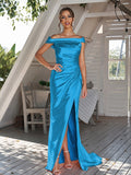 Sheath/Column Silk like Satin Ruched Off-The-Shoulder Sleeveless Sweep/Brush Train Bridesmaid Dresses Evening Dress