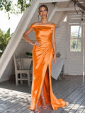 Sheath/Column Silk like Satin Ruched Off-The-Shoulder Sleeveless Sweep/Brush Train Bridesmaid Dresses Evening Dress