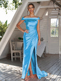 Sheath/Column Silk like Satin Ruched Off-The-Shoulder Sleeveless Sweep/Brush Train Bridesmaid Dresses Evening Dress