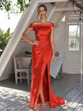 Sheath/Column Silk like Satin Ruched Off-The-Shoulder Sleeveless Sweep/Brush Train Bridesmaid Dresses Evening Dress
