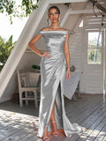 Sheath/Column Silk like Satin Ruched Off-The-Shoulder Sleeveless Sweep/Brush Train Bridesmaid Dresses Evening Dress