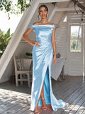 Sheath/Column Silk like Satin Ruched Off-The-Shoulder Sleeveless Sweep/Brush Train Bridesmaid Dresses Evening Dress