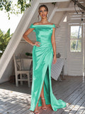 Sheath/Column Silk like Satin Ruched Off-The-Shoulder Sleeveless Sweep/Brush Train Bridesmaid Dresses Evening Dress