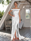 Sheath/Column Silk like Satin Ruched Off-The-Shoulder Sleeveless Sweep/Brush Train Bridesmaid Dresses Evening Dress