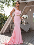Sheath/Column Jersey Rhinestone Square Sleeveless Sweep/Brush Train Bridesmaid Dresses	Formal Evening Dress