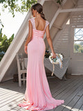 Sheath/Column Jersey Rhinestone Square Sleeveless Sweep/Brush Train Bridesmaid Dresses	Formal Evening Dress