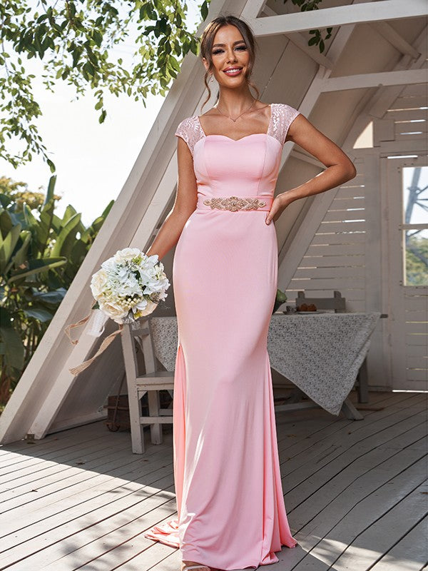 Sheath/Column Jersey Rhinestone Square Sleeveless Sweep/Brush Train Bridesmaid Dresses	Formal Evening Dress