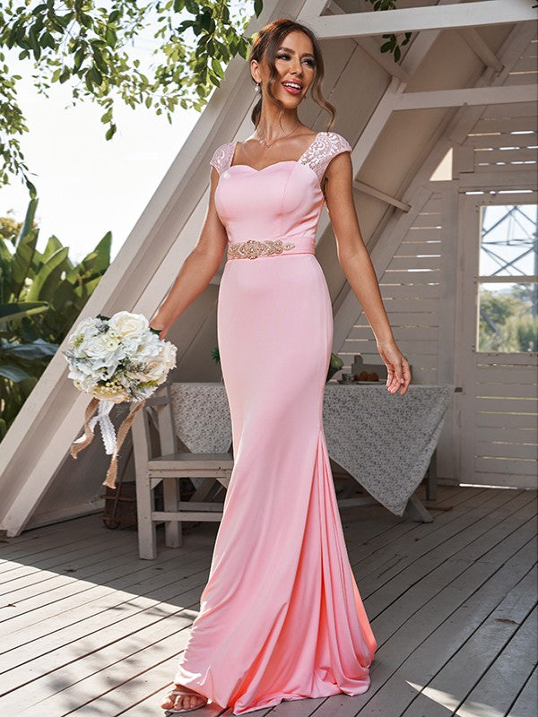 Sheath/Column Jersey Rhinestone Square Sleeveless Sweep/Brush Train Bridesmaid Dresses	Formal Evening Dress