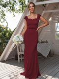 Sheath/Column Jersey Rhinestone Square Sleeveless Sweep/Brush Train Bridesmaid Dresses	Formal Evening Dress