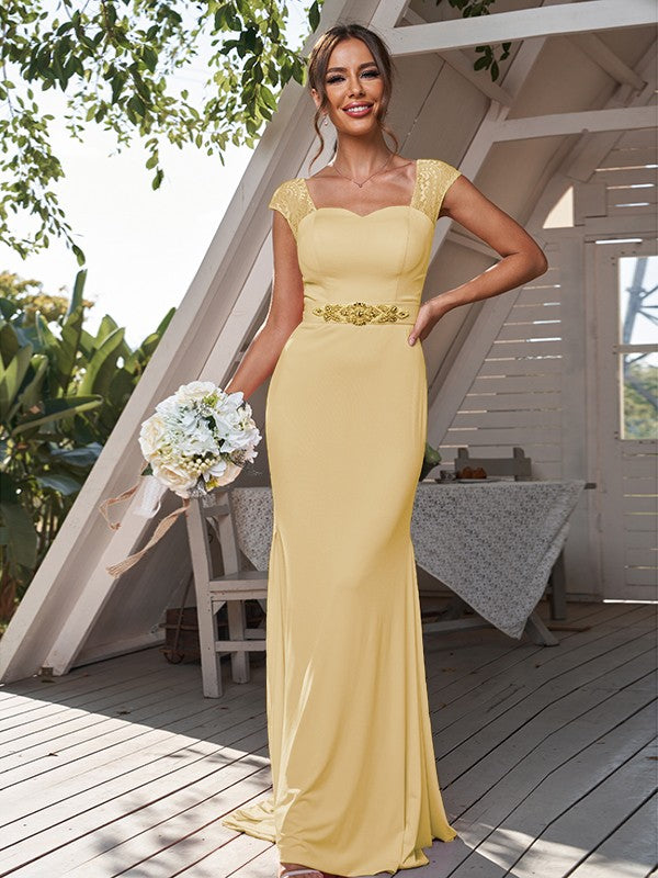 Sheath/Column Jersey Rhinestone Square Sleeveless Sweep/Brush Train Bridesmaid Dresses	Formal Evening Dress