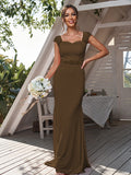 Sheath/Column Jersey Rhinestone Square Sleeveless Sweep/Brush Train Bridesmaid Dresses	Formal Evening Dress
